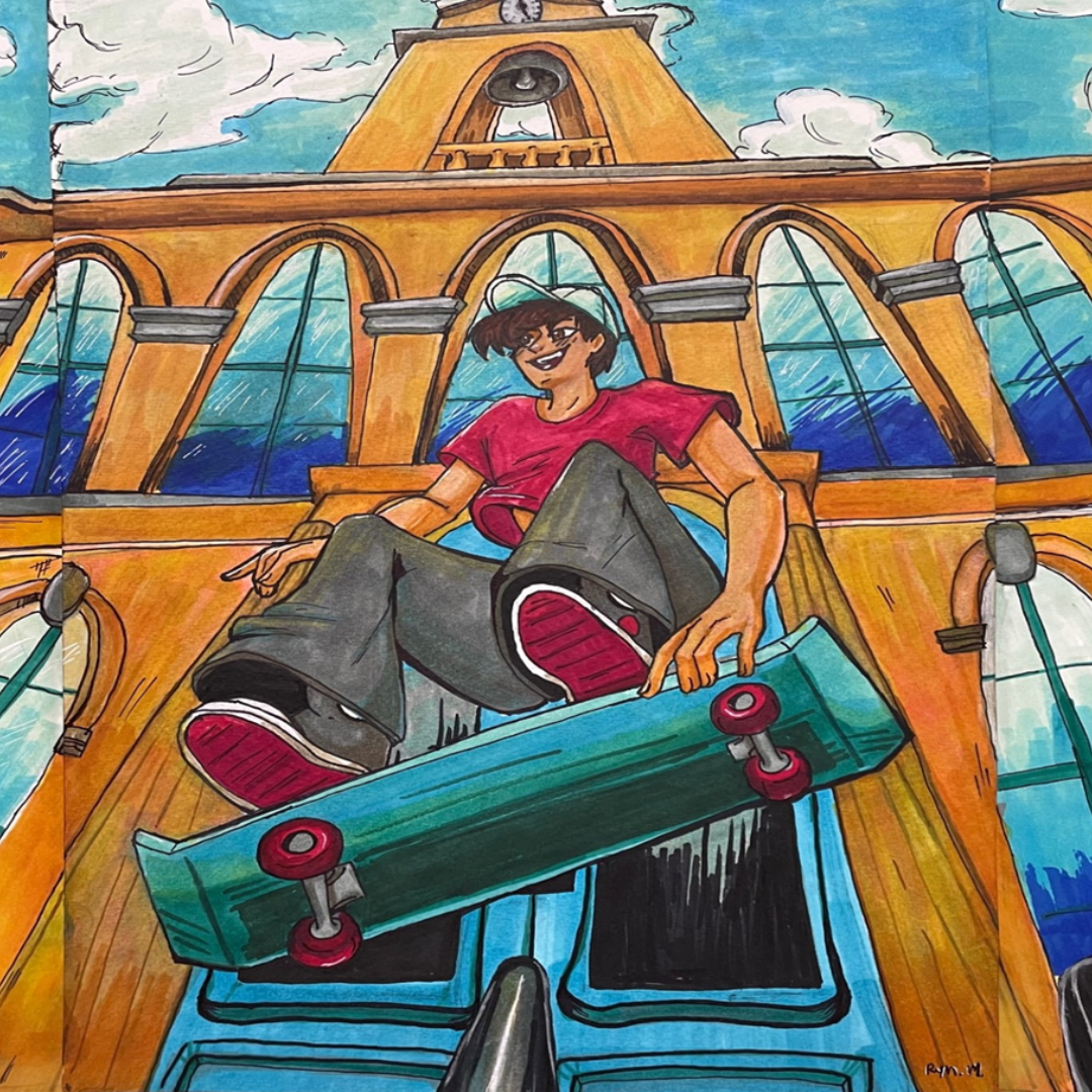 Image of a skateboarder in front of historic courthouse