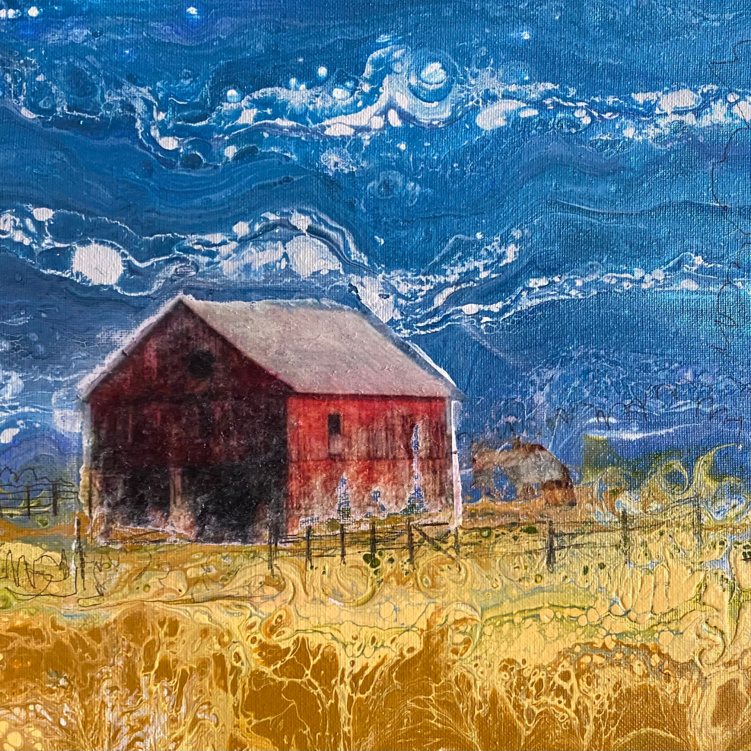 Painting of a barn in a field
