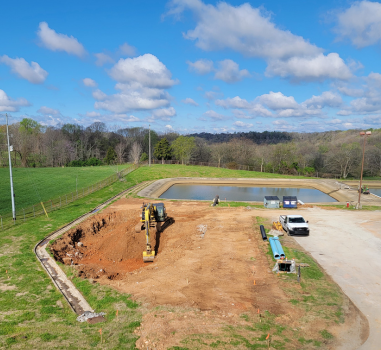 Aerial photo of construction ongoing at the water treatment plant. 